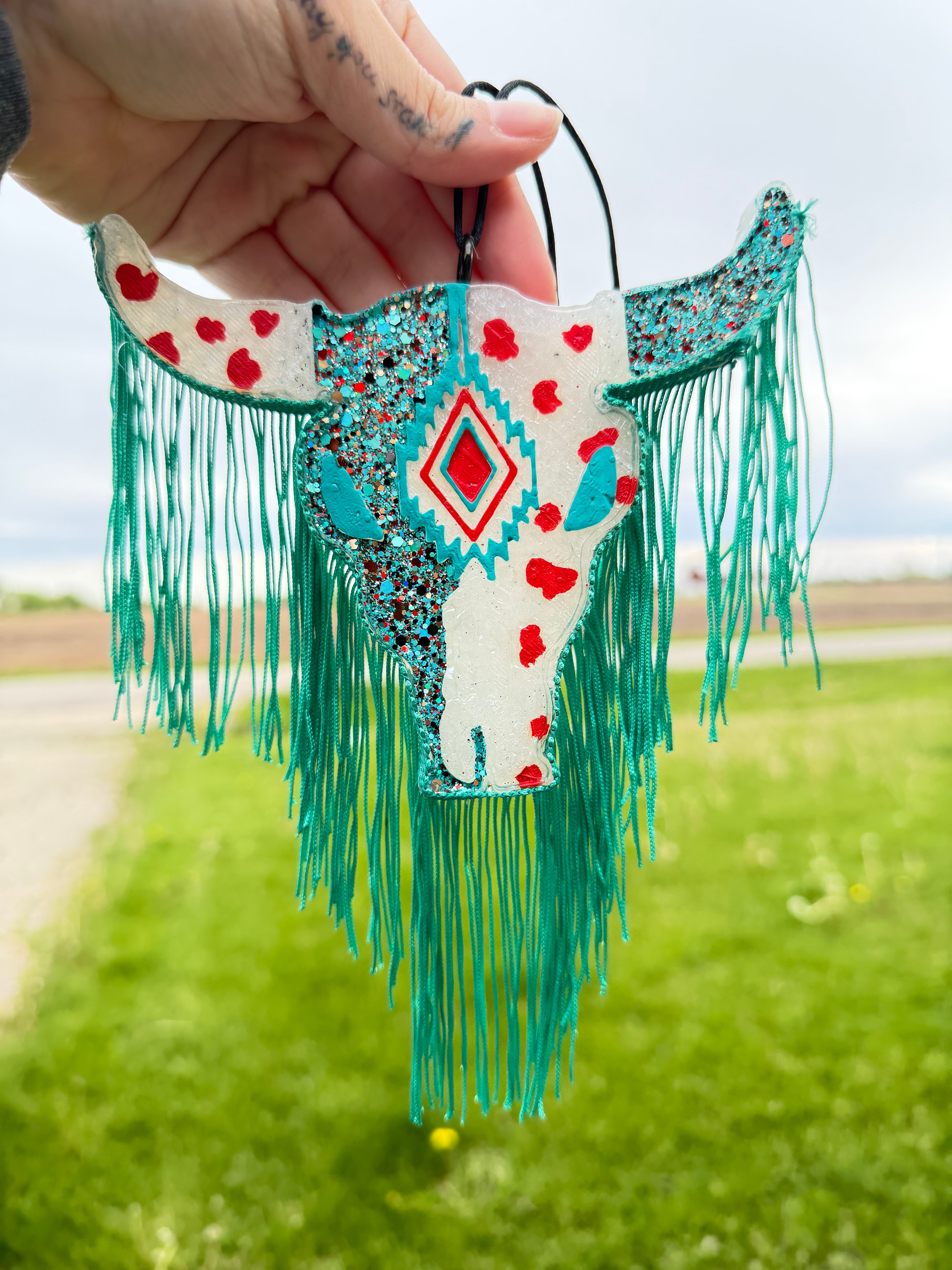 Teal & Red Bull with fringe Freshie